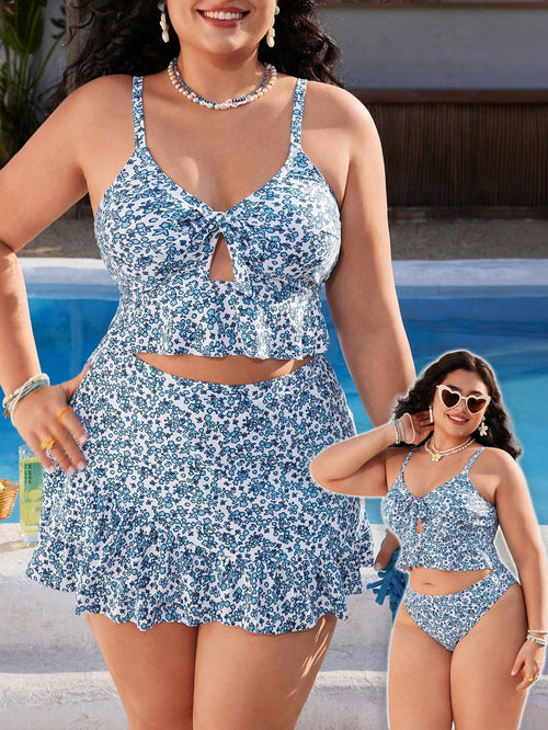 Swim Mod Plus Size 3-Piece Swimwear Set For Women, Sexy & Elegant Spaghetti Strap Floral Print Ruffled Bikini, Spring/Summer Beach Vacation