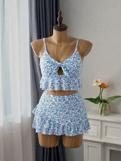 Swim Mod Plus Size 3-Piece Swimwear Set For Women, Sexy & Elegant Spaghetti Strap Floral Print Ruffled Bikini, Spring/Summer Beach Vacation