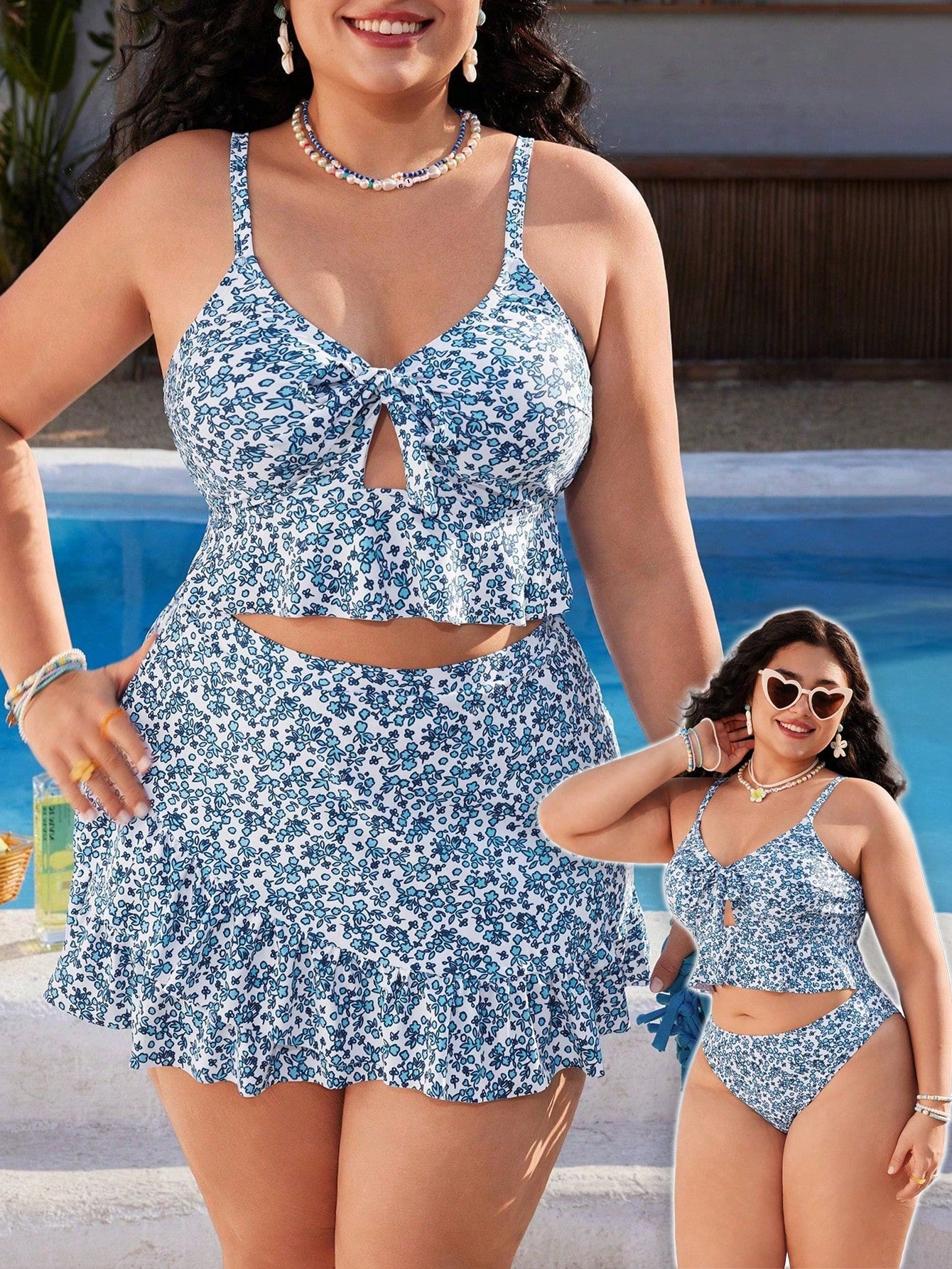 Swim Mod Plus Size 3-Piece Swimwear Set For Women, Sexy & Elegant Spaghetti Strap Floral Print Ruffled Bikini, Spring/Summer Beach Vacation