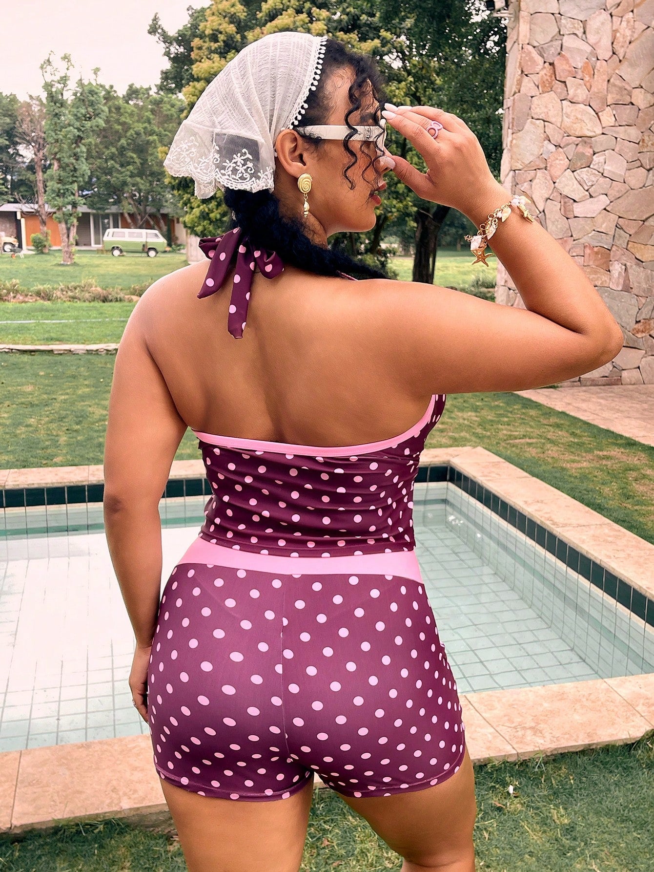 Swim Mod Plus Size Polka Dot Print Halter Tankini Top And Shorts Set