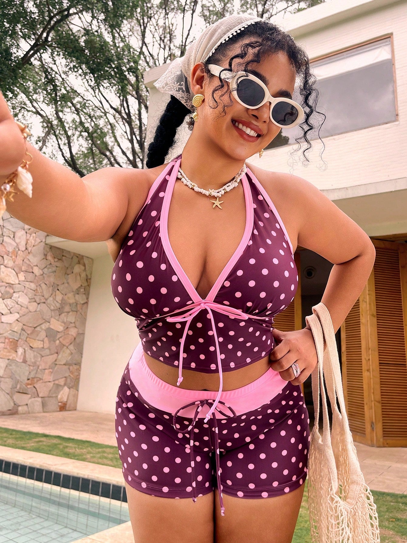 Swim Mod Plus Size Polka Dot Print Halter Tankini Top And Shorts Set