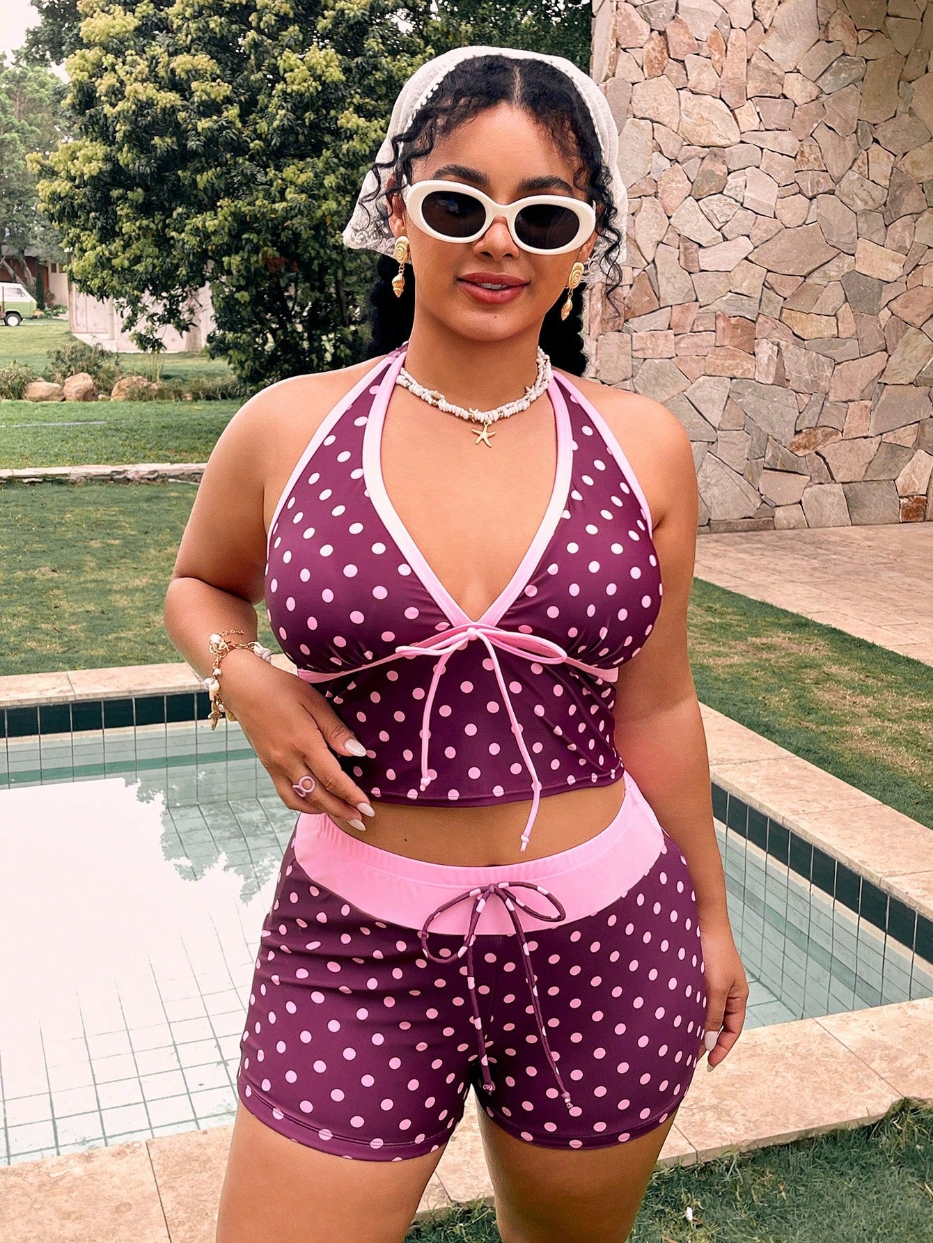 Swim Mod Plus Size Polka Dot Print Halter Tankini Top And Shorts Set