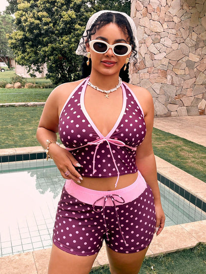 Swim Mod Plus Size Polka Dot Print Halter Tankini Top And Shorts Set
