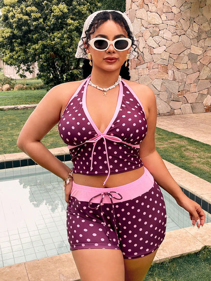 Swim Mod Plus Size Polka Dot Print Halter Tankini Top And Shorts Set