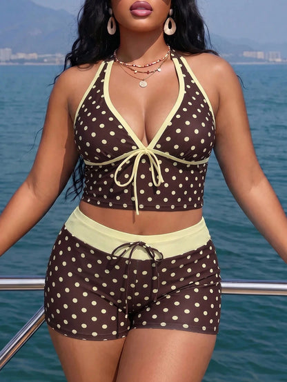 Swim Mod Plus Size Polka Dot Print Halter Tankini Top And Shorts Set