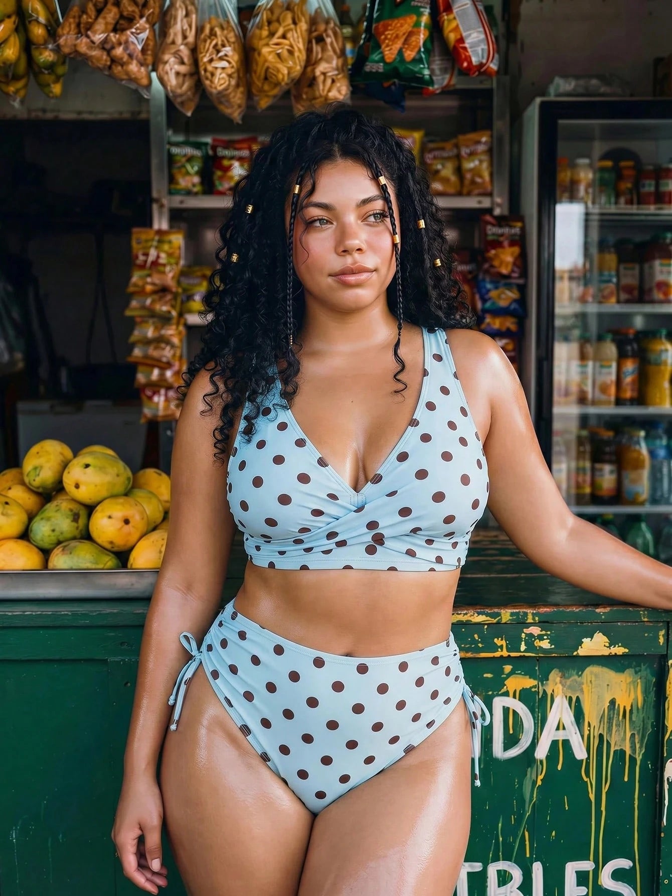 Swim Mod Plus Size Women 2pcs/Set Random Polka Dot Print Crossed Casual Swimwear Set