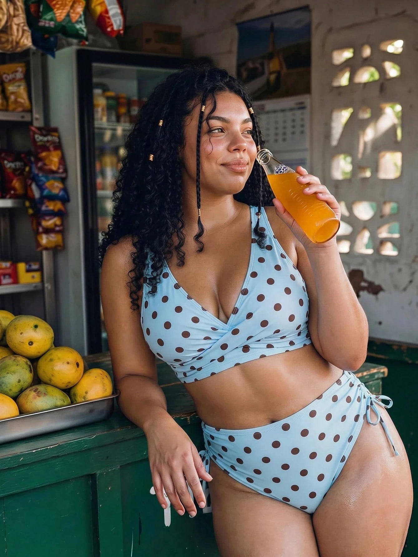 Swim Mod Plus Size Women 2pcs/Set Random Polka Dot Print Crossed Casual Swimwear Set