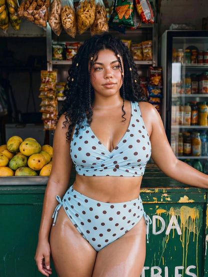 Swim Mod Plus Size Women 2pcs/Set Random Polka Dot Print Crossed Casual Swimwear Set