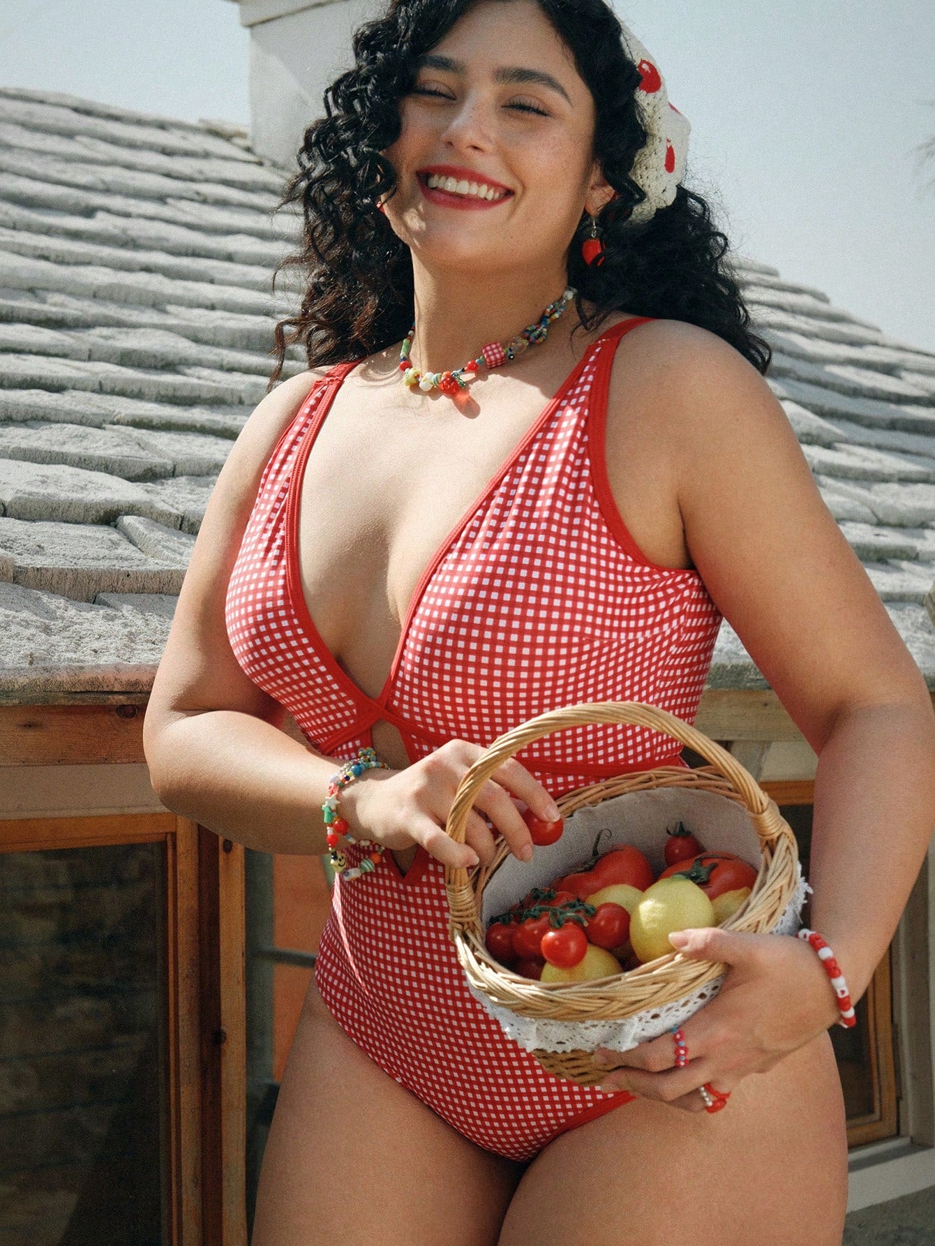 Swim Mod Plus Size Women's One-Piece Swimsuit Red&White Check,Sweetheart Neckline,Hollow Design,Tie Waist, Cut,1920s Flapper,Holiday,Summer,Picnic,Beach