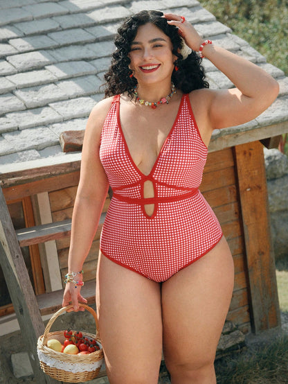Swim Mod Plus Size Women's One-Piece Swimsuit Red&White Check,Sweetheart Neckline,Hollow Design,Tie Waist, Cut,1920s Flapper,Holiday,Summer,Picnic,Beach