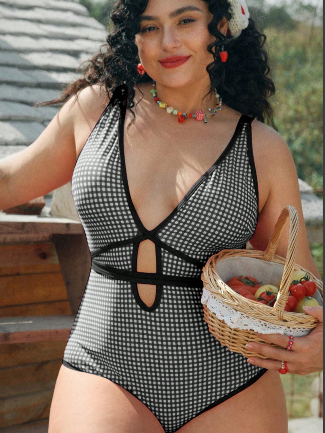 Swim Mod Plus Size Women's One-Piece Swimsuit Red&White Check,Sweetheart Neckline,Hollow Design,Tie Waist, Cut,1920s Flapper,Holiday,Summer,Picnic,Beach