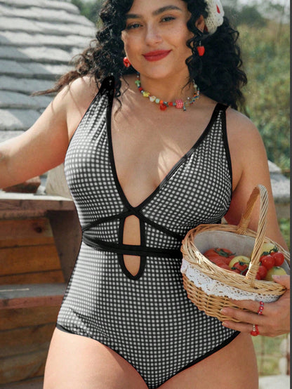 Swim Mod Plus Size Women's One-Piece Swimsuit Red&White Check,Sweetheart Neckline,Hollow Design,Tie Waist, Cut,1920s Flapper,Holiday,Summer,Picnic,Beach