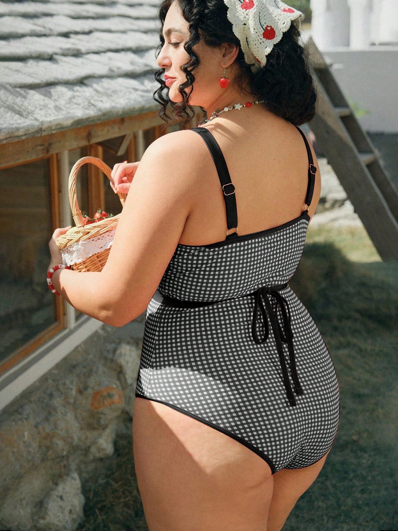 Swim Mod Plus Size Women's One-Piece Swimsuit Red&White Check,Sweetheart Neckline,Hollow Design,Tie Waist, Cut,1920s Flapper,Holiday,Summer,Picnic,Beach
