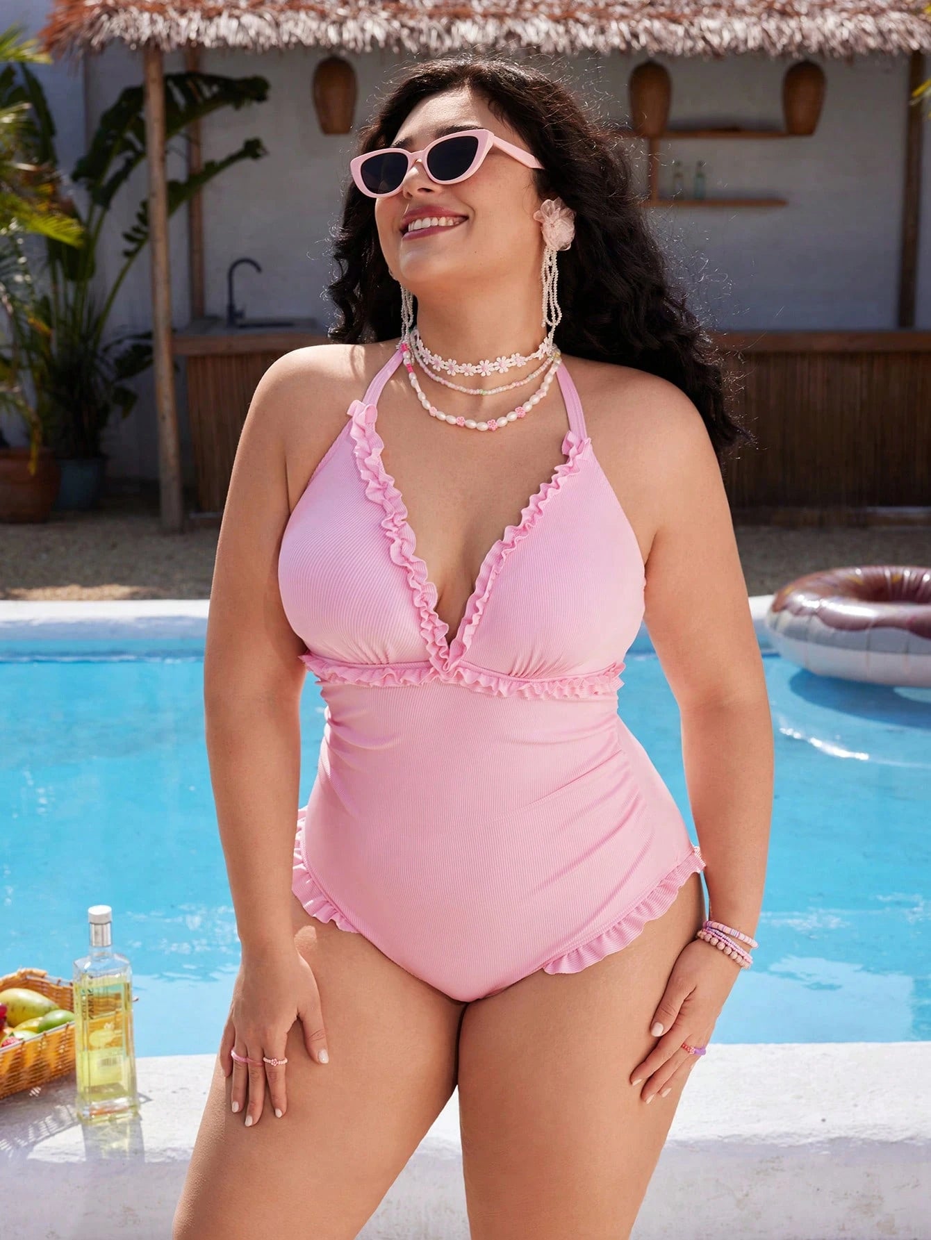 Swim Mod Plus Size Women's One-Piece Swimsuit, Sweet & Cute Casual Beach Holiday, Pink Textured Fabric With Ruffle Halter Tie-Up Design