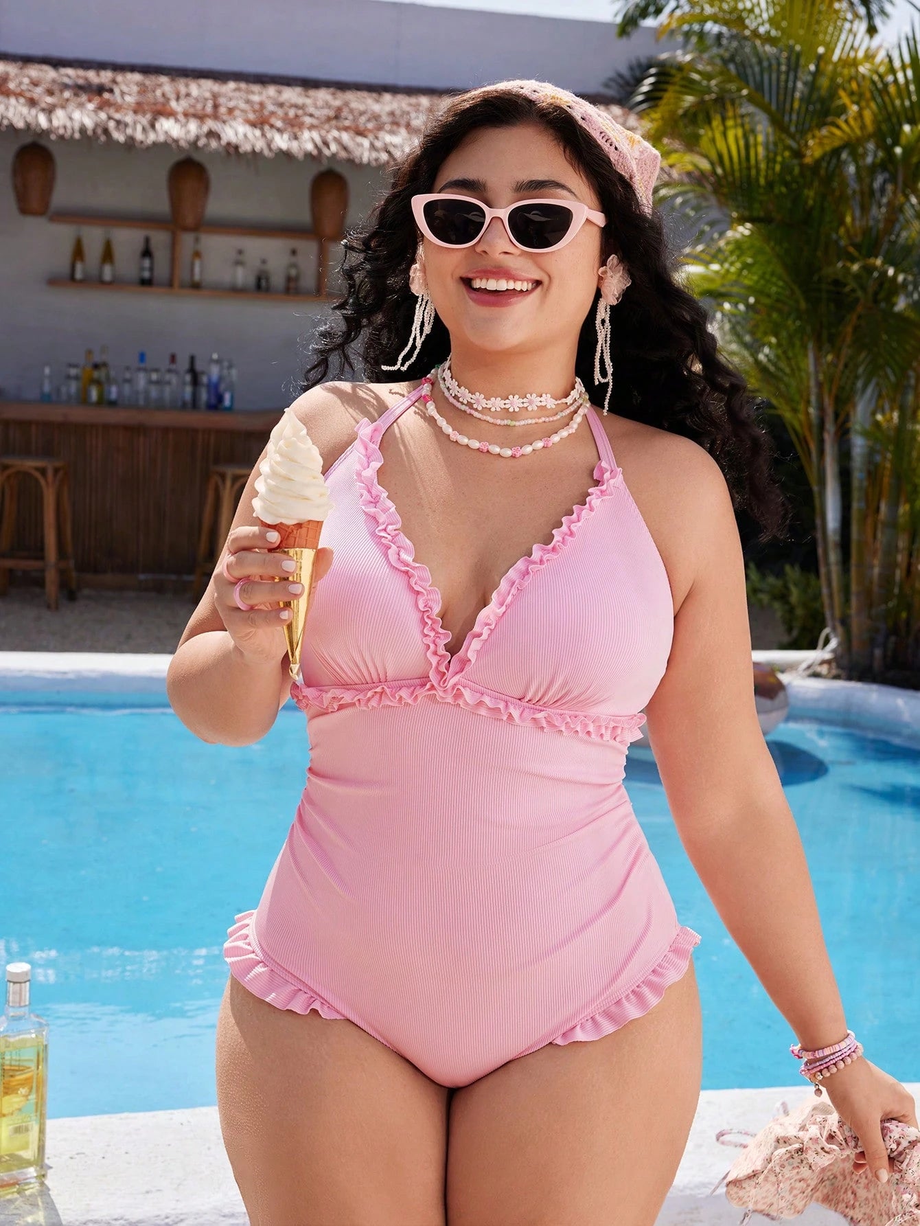 Swim Mod Plus Size Women's One-Piece Swimsuit, Sweet & Cute Casual Beach Holiday, Pink Textured Fabric With Ruffle Halter Tie-Up Design