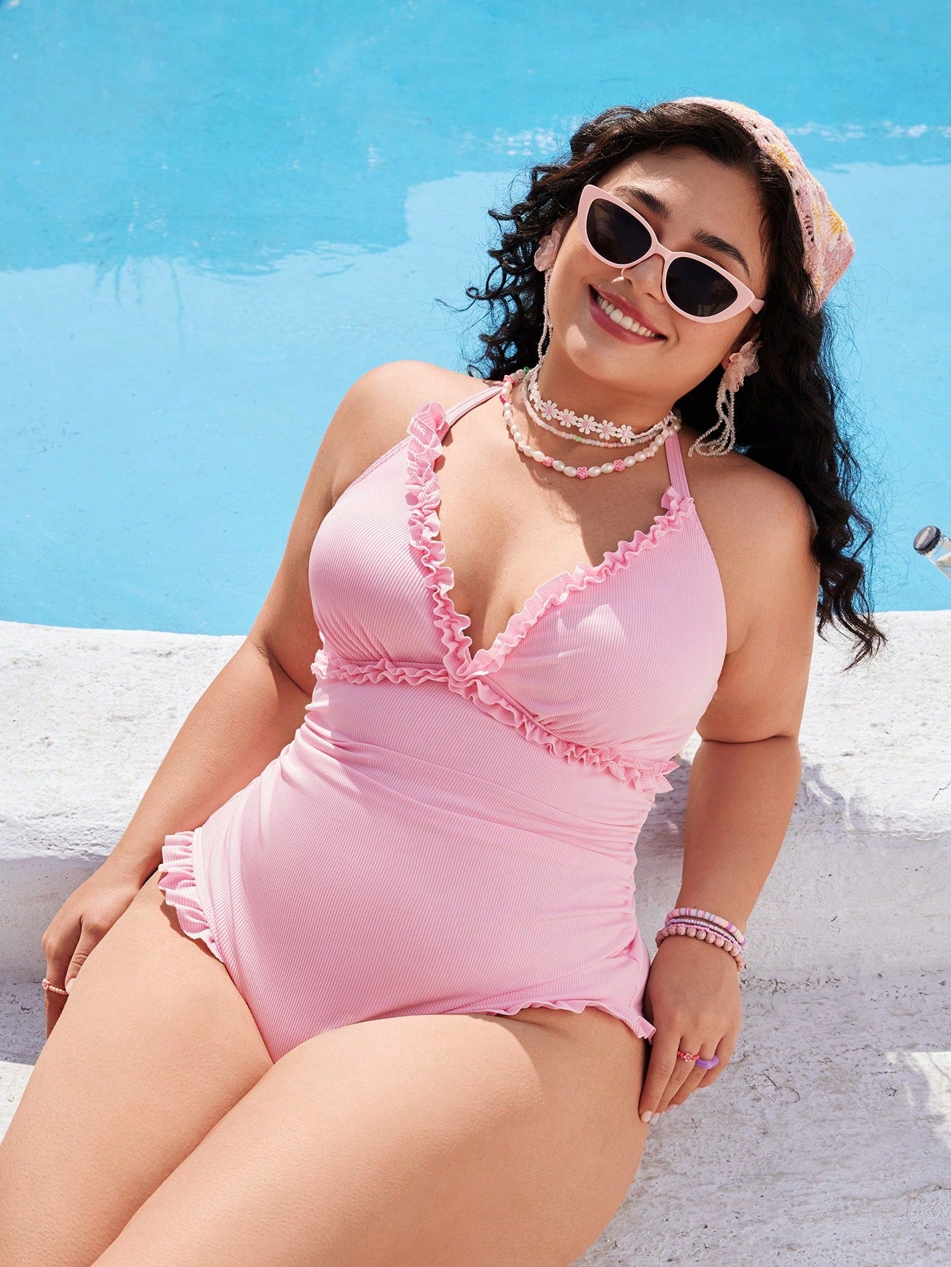 Swim Mod Plus Size Women's One-Piece Swimsuit, Sweet & Cute Casual Beach Holiday, Pink Textured Fabric With Ruffle Halter Tie-Up Design