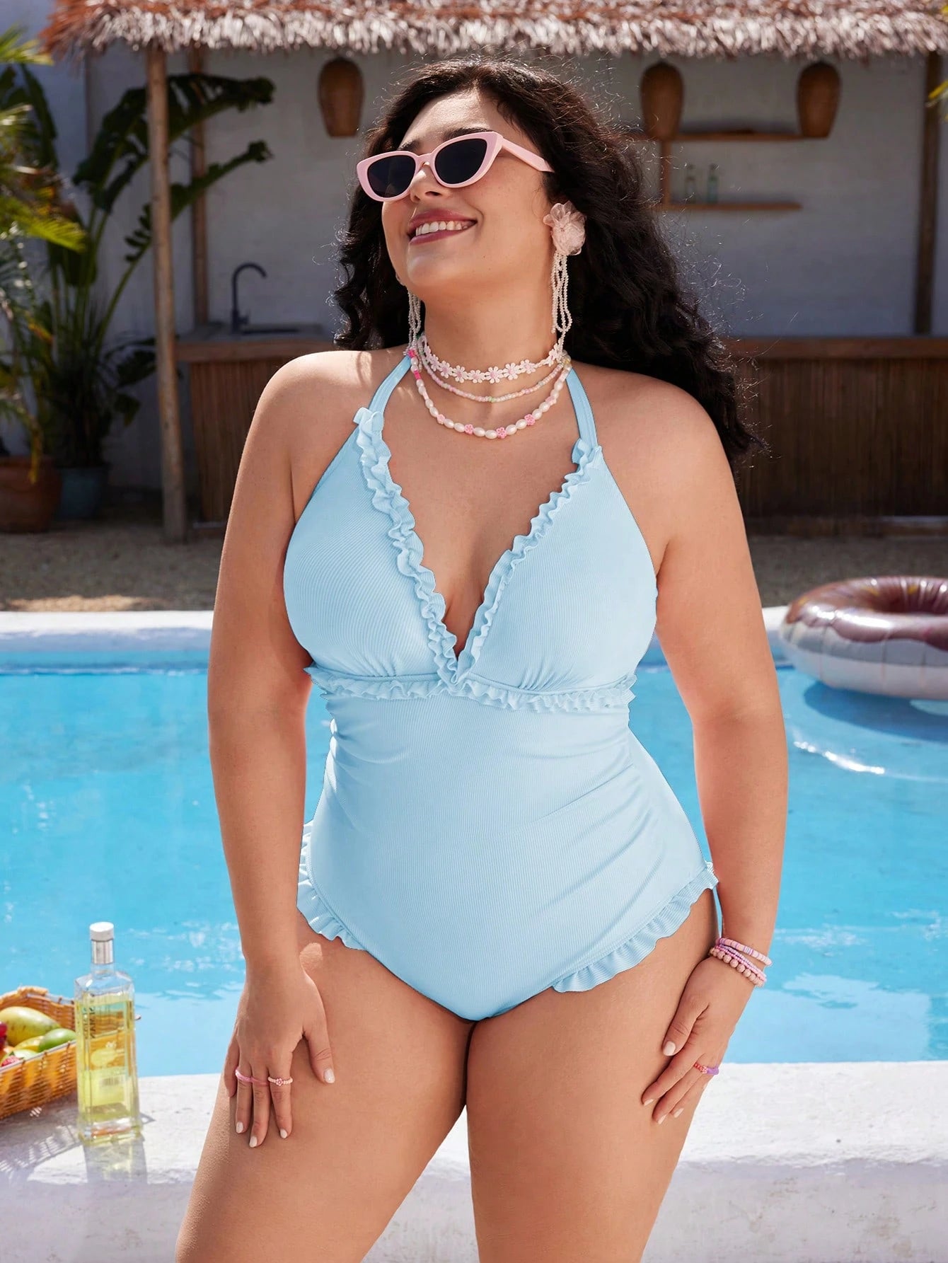 Swim Mod Plus Size Women's One-Piece Swimsuit, Sweet & Cute Casual Beach Holiday, Pink Textured Fabric With Ruffle Halter Tie-Up Design