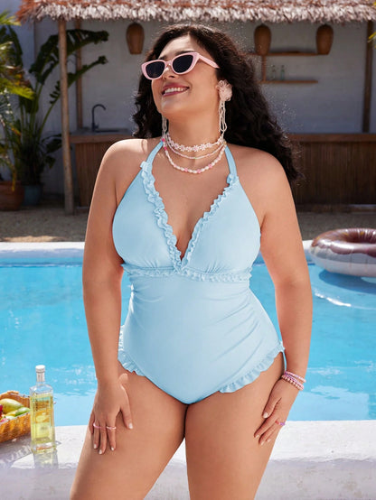 Swim Mod Plus Size Women's One-Piece Swimsuit, Sweet & Cute Casual Beach Holiday, Pink Textured Fabric With Ruffle Halter Tie-Up Design