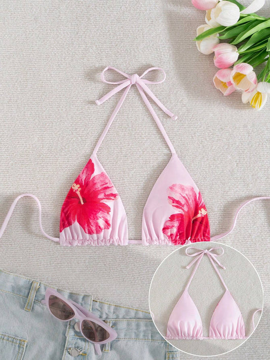 Swim Mod Reversible Printed Cute & Fashionable Spaghetti Strap Halter Neck Backless Bikini Top Summer