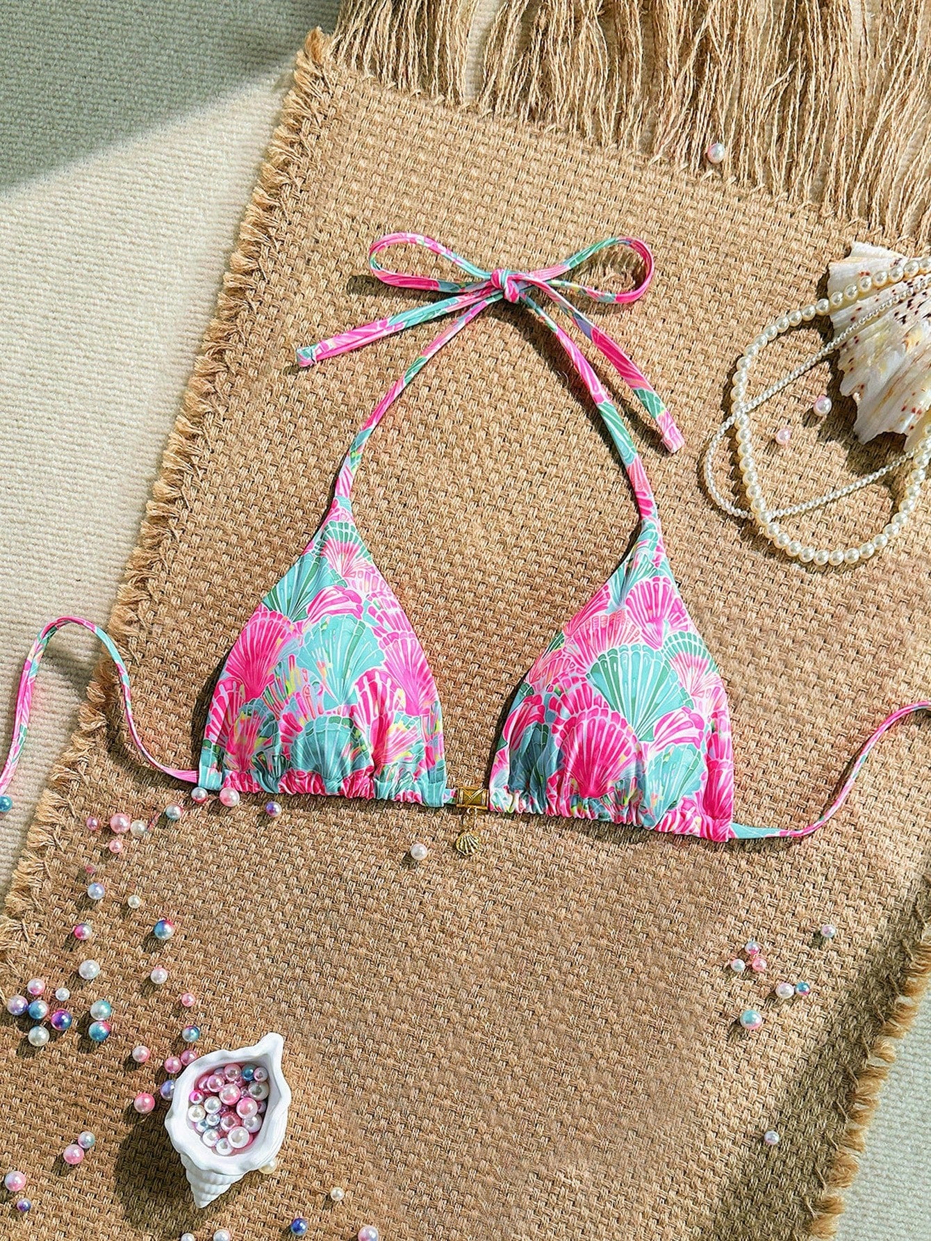 Swim Mod Sexy Halter Triangle Top Shell Decor One Piece Swimwear, Random Tropical Print, Summer Holiday