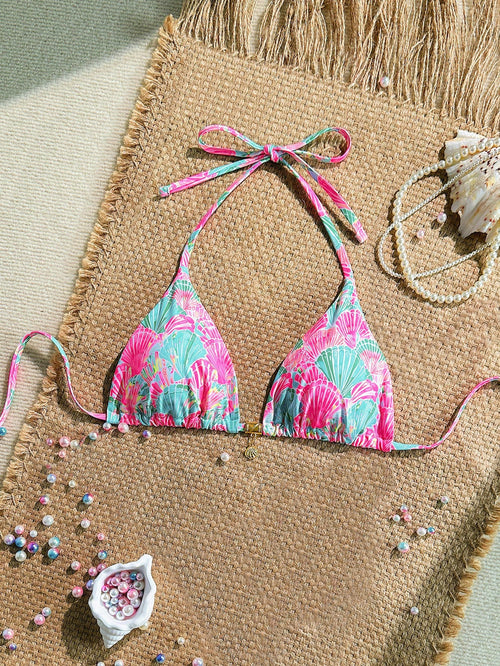 Swim Mod Sexy Halter Triangle Top Shell Decor One Piece Swimwear, Random Tropical Print, Summer Holiday