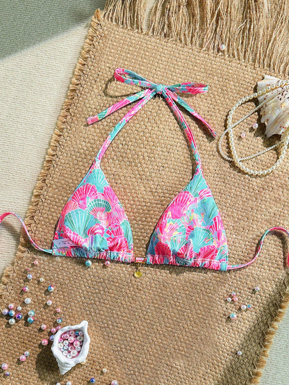 Swim Mod Sexy Halter Triangle Top Shell Decor One Piece Swimwear, Random Tropical Print, Summer Holiday