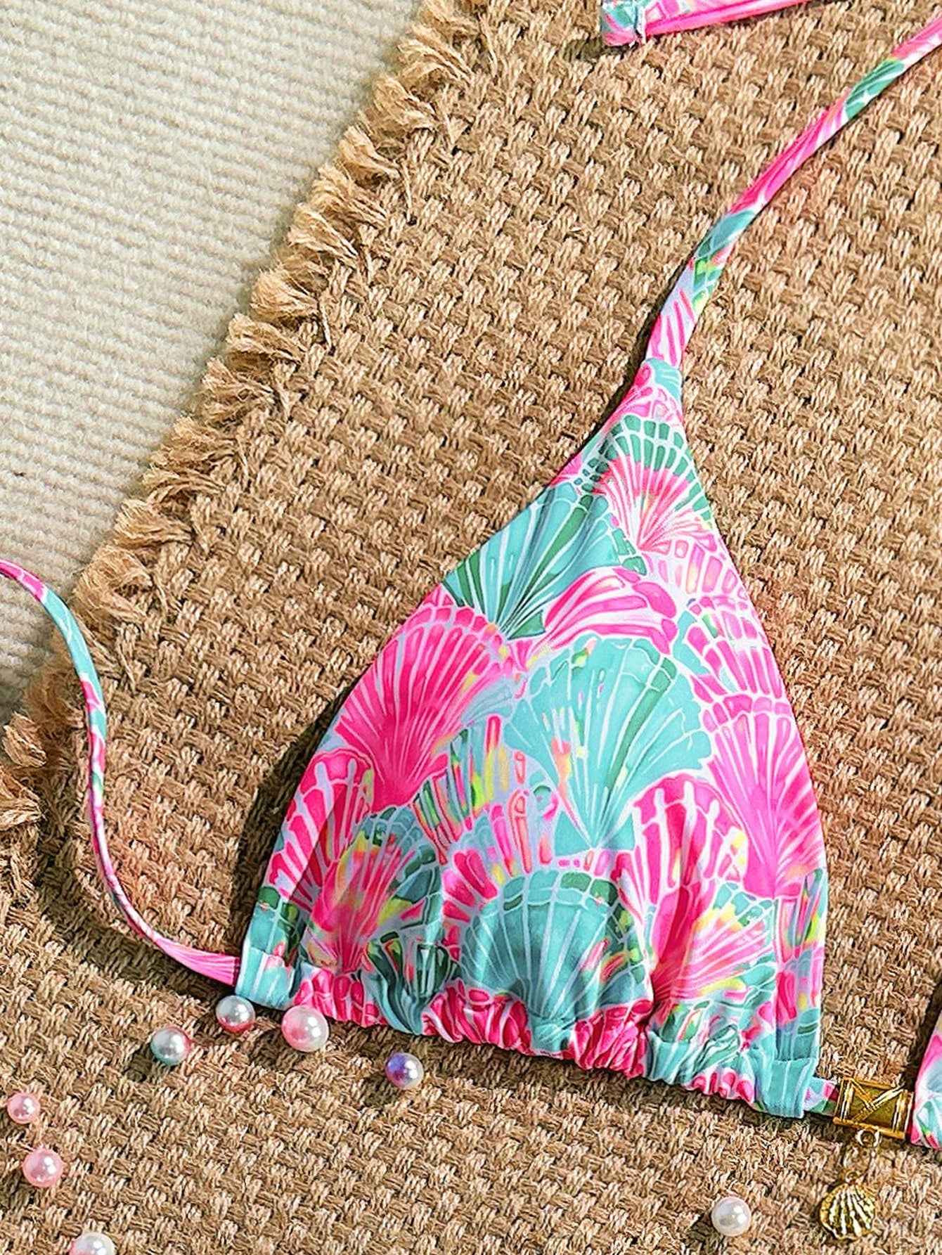 Swim Mod Sexy Halter Triangle Top Shell Decor One Piece Swimwear, Random Tropical Print, Summer Holiday