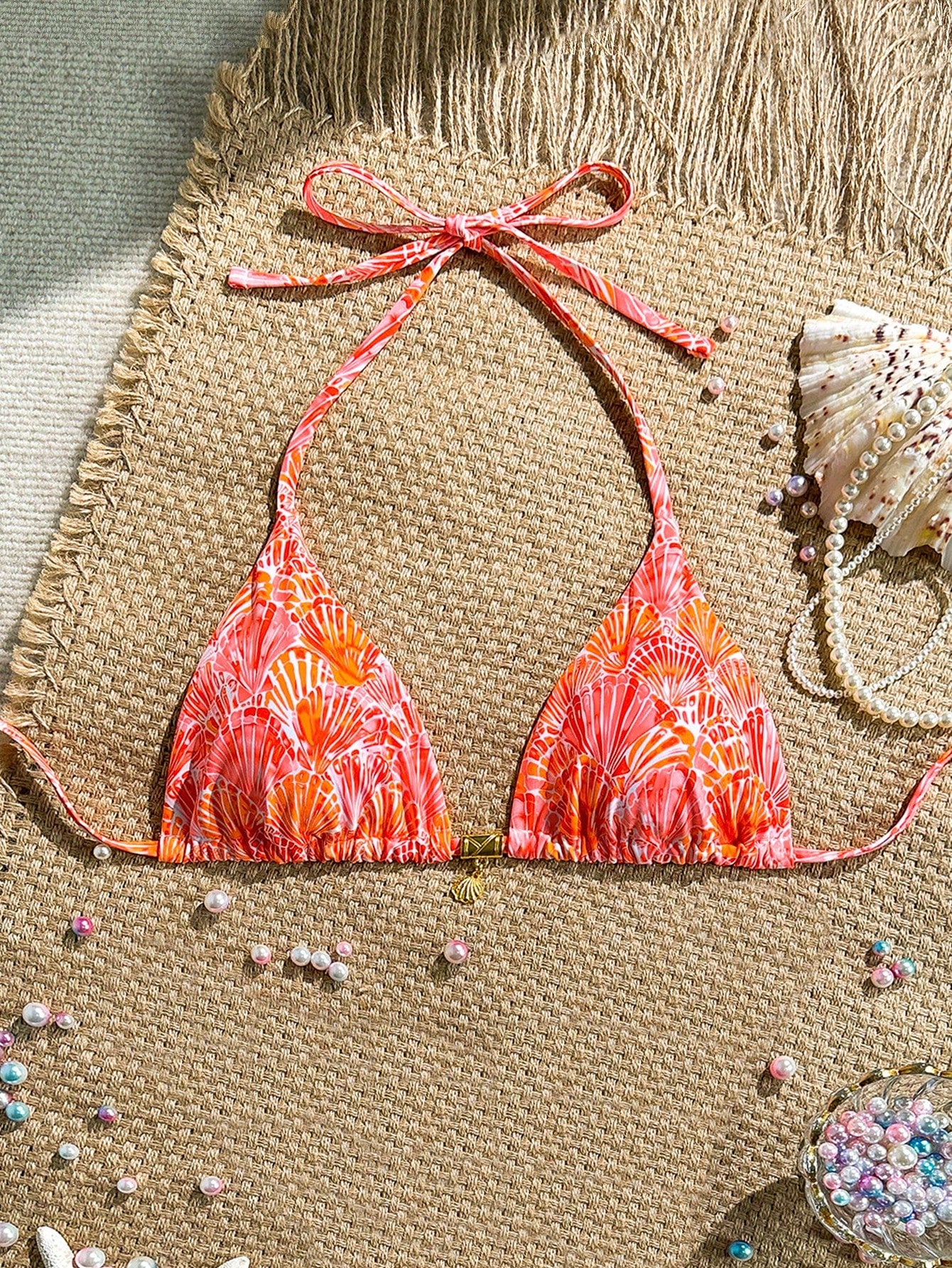 Swim Mod Sexy Halter Triangle Top Shell Decor One Piece Swimwear, Random Tropical Print, Summer Holiday