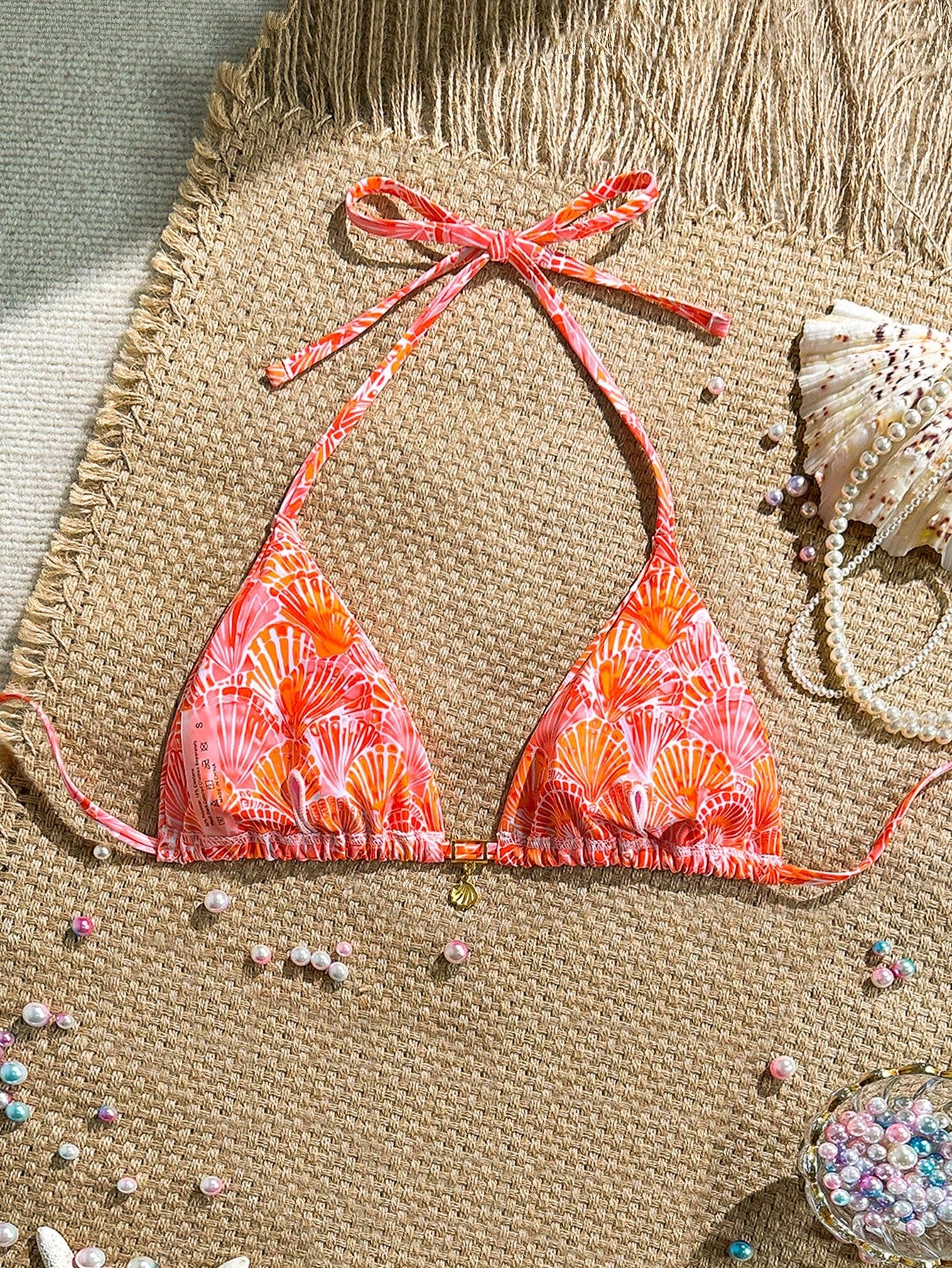Swim Mod Sexy Halter Triangle Top Shell Decor One Piece Swimwear, Random Tropical Print, Summer Holiday