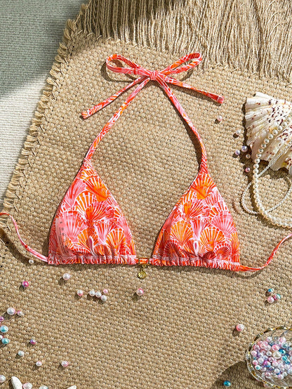 Swim Mod Sexy Halter Triangle Top Shell Decor One Piece Swimwear, Random Tropical Print, Summer Holiday