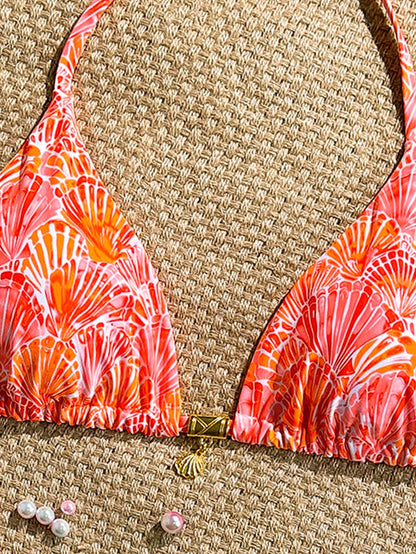 Swim Mod Sexy Halter Triangle Top Shell Decor One Piece Swimwear, Random Tropical Print, Summer Holiday