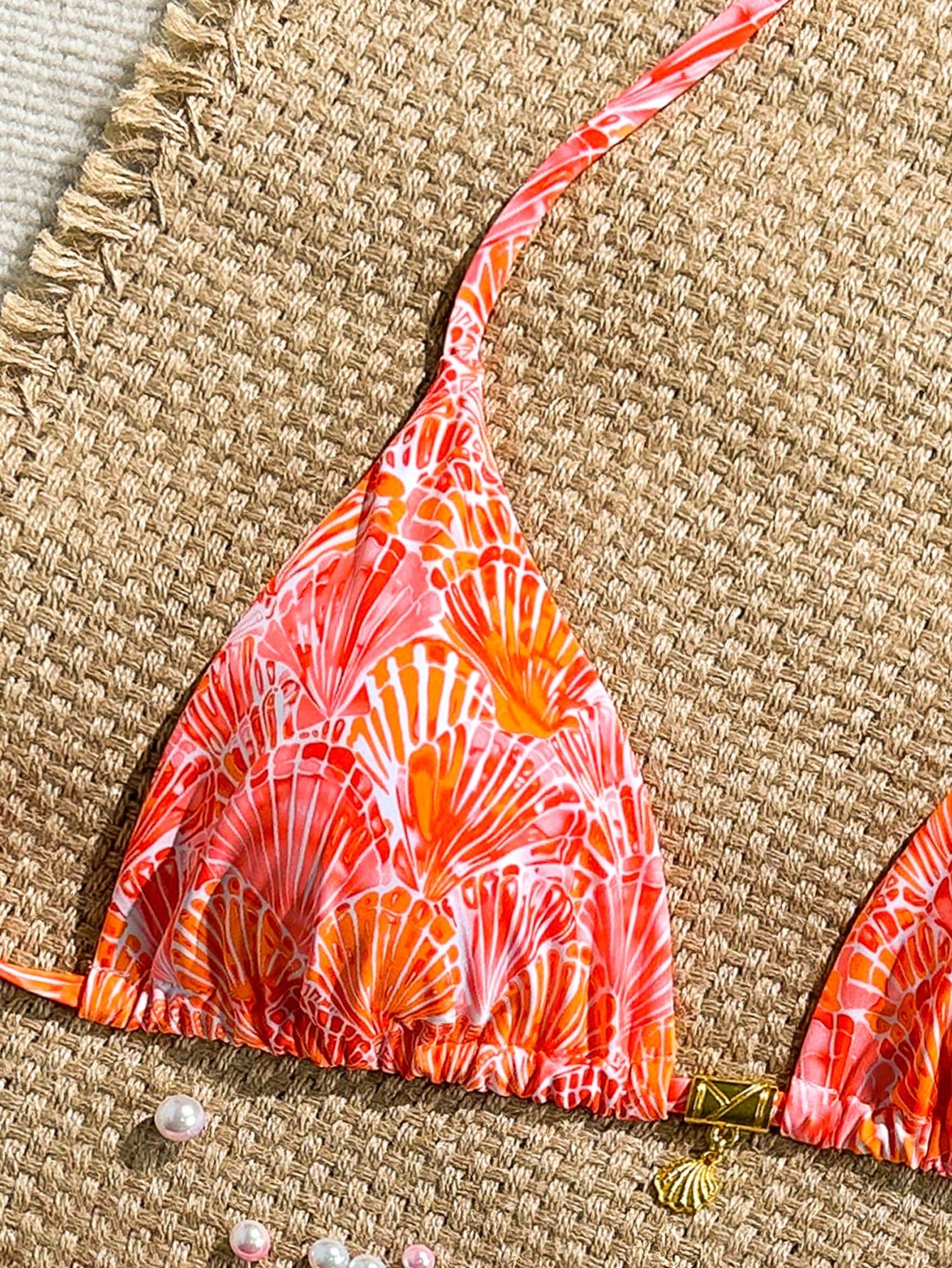 Swim Mod Sexy Halter Triangle Top Shell Decor One Piece Swimwear, Random Tropical Print, Summer Holiday