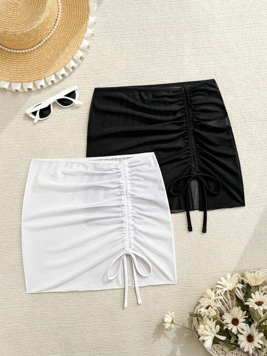 Swim Mod Sexy Side Drawstring Ruched Bodycon Skirt, Sheer Mesh Beach Vacation Cover Up Black White Summer