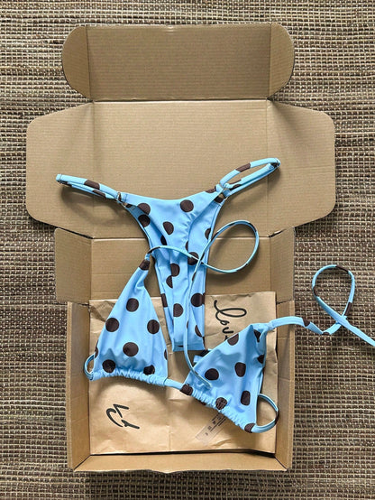 Swim Mod Women Brown And Blue Polka Dot Halter Tie Two Pieces Bikini Swimwear Bikini Set,90s Light Blue Bathing Suit Sets,Summer,Beach Party,Holiday,Holiday