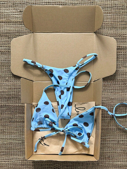 Swim Mod Women Brown And Blue Polka Dot Halter Tie Two Pieces Bikini Swimwear Bikini Set,90s Light Blue Bathing Suit Sets,Summer,Beach Party,Holiday,Holiday
