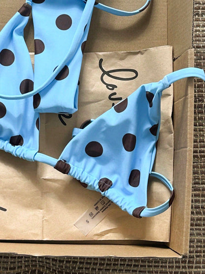 Swim Mod Women Brown And Blue Polka Dot Halter Tie Two Pieces Bikini Swimwear Bikini Set,90s Light Blue Bathing Suit Sets,Summer,Beach Party,Holiday,Holiday