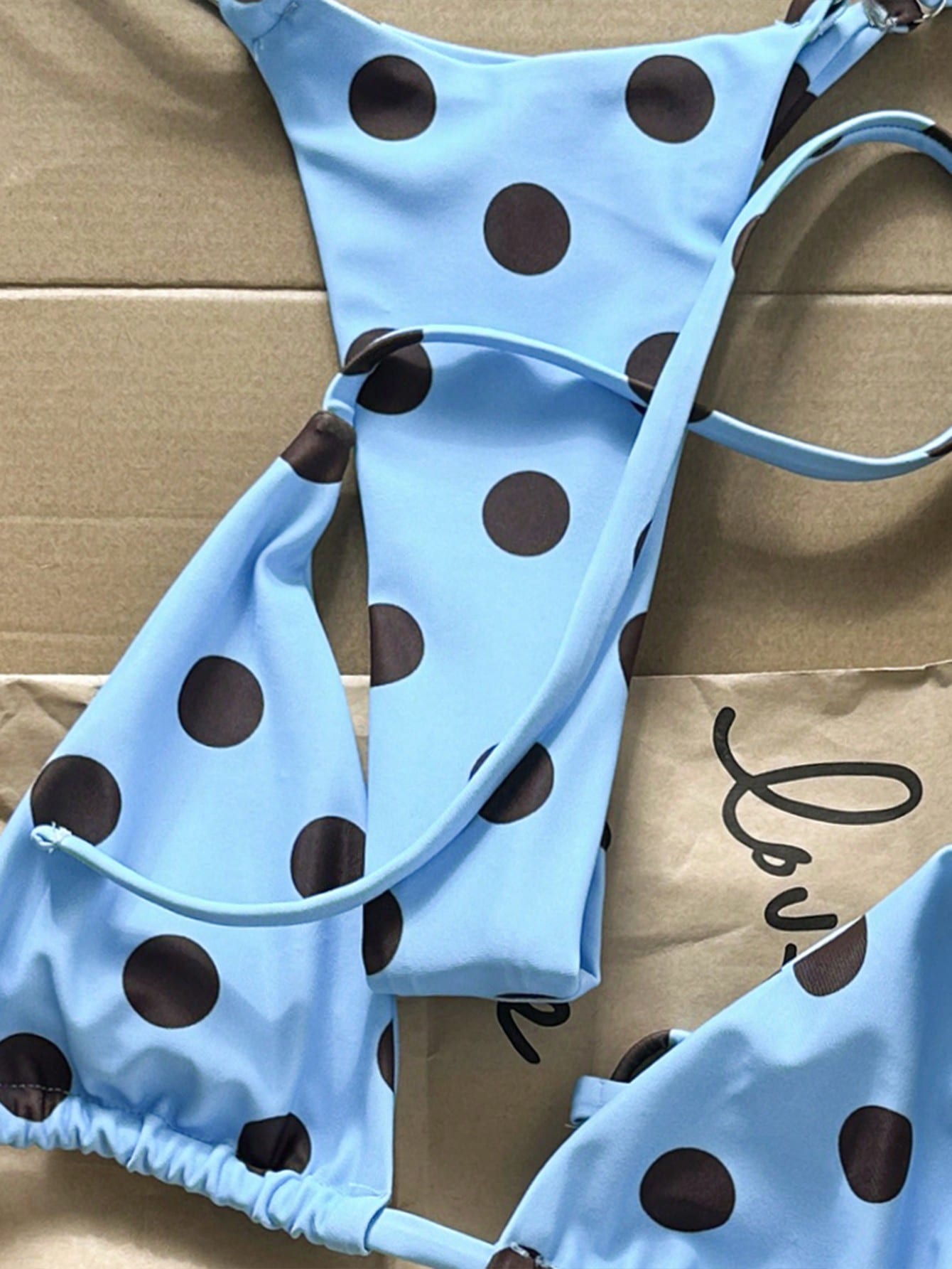 Swim Mod Women Brown And Blue Polka Dot Halter Tie Two Pieces Bikini Swimwear Bikini Set,90s Light Blue Bathing Suit Sets,Summer,Beach Party,Holiday,Holiday
