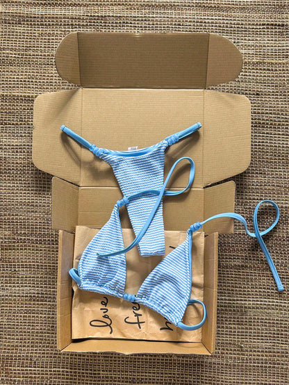 Swim Mod Women Brown And Blue Polka Dot Halter Tie Two Pieces Bikini Swimwear Bikini Set,90s Light Blue Bathing Suit Sets,Summer,Beach Party,Holiday,Holiday