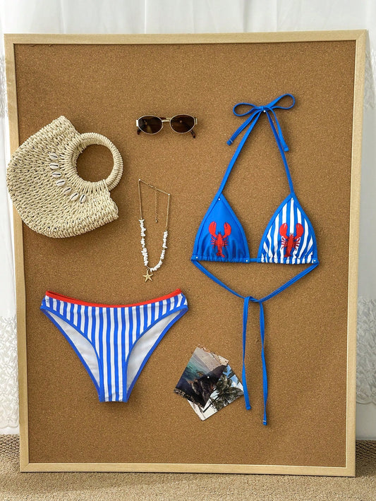 Swim Mod Women's 2-Piece Swimwear Set, Crayfish Print Colorblock Blue And White Striped, Fashionable Casual Sexy Tropical Sweet Beach Vacation Summer