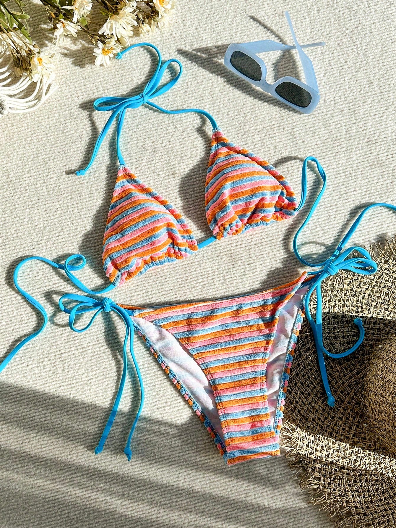 Swim Mod Women's Contrast Color Halter Tie Swimsuit Set