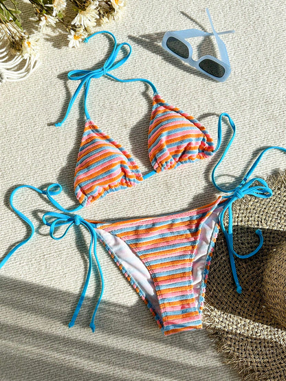 Swim Mod Women's Contrast Color Halter Tie Swimsuit Set
