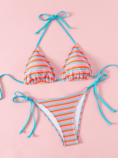 Swim Mod Women's Contrast Color Halter Tie Swimsuit Set