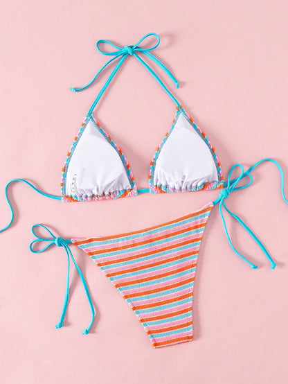 Swim Mod Women's Contrast Color Halter Tie Swimsuit Set