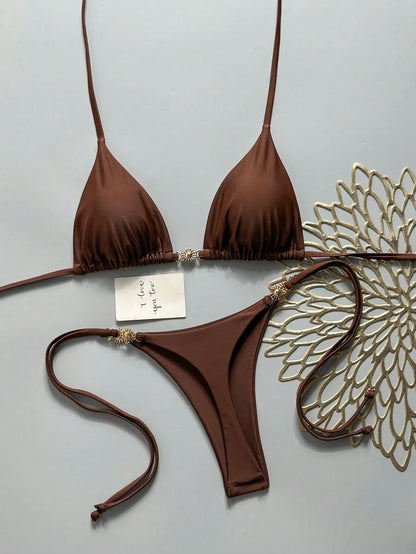Swim Mod Women's Solid Color Halter Tie Metallic Bikini Set, Spring/Summer