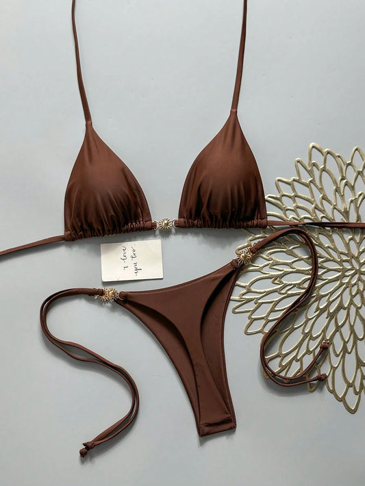 Swim Mod Women's Solid Color Halter Tie Metallic Bikini Set, Spring/Summer