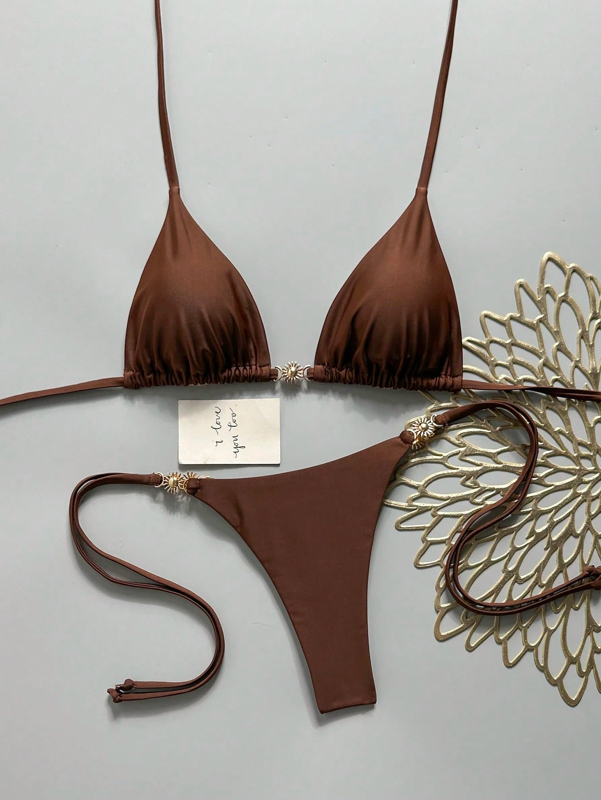 Swim Mod Women's Solid Color Halter Tie Metallic Bikini Set, Spring/Summer