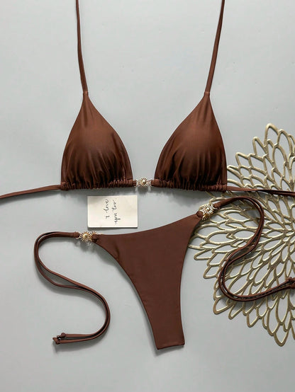 Swim Mod Women's Solid Color Halter Tie Metallic Bikini Set, Spring/Summer