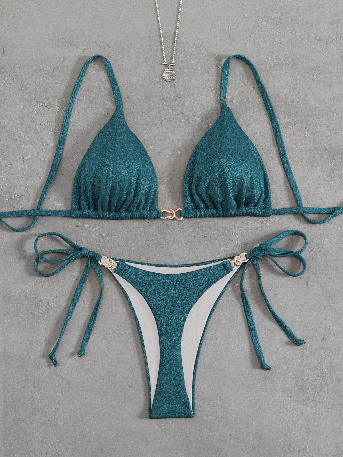 Swim Mod Women's Solid Color Halter Tie Metallic Bikini Set, Spring/Summer