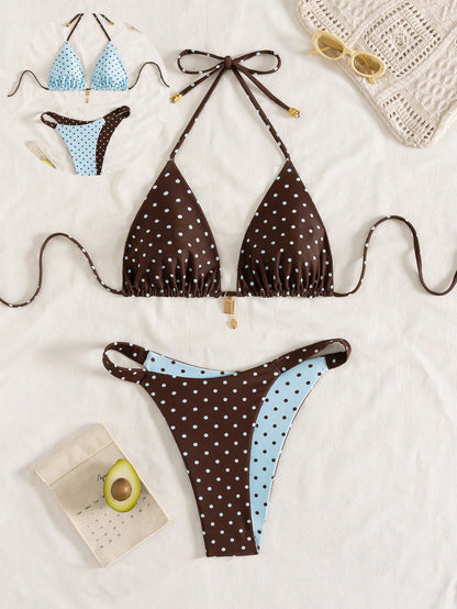 Swim Mod Women's Summer New Contrast Color Polka Dot Print Reversible Halter Tie Back Sexy Bikini Set, Suitable For Beach, Vacation