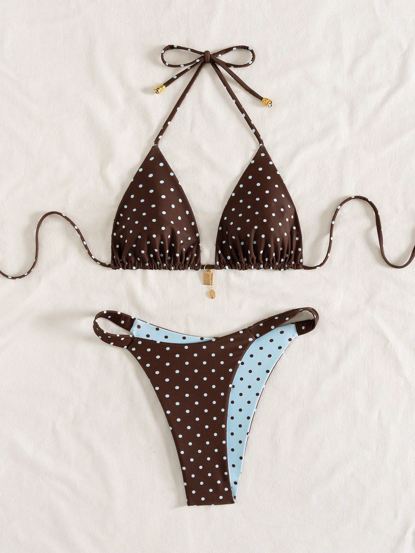 Swim Mod Women's Summer New Contrast Color Polka Dot Print Reversible Halter Tie Back Sexy Bikini Set, Suitable For Beach, Vacation